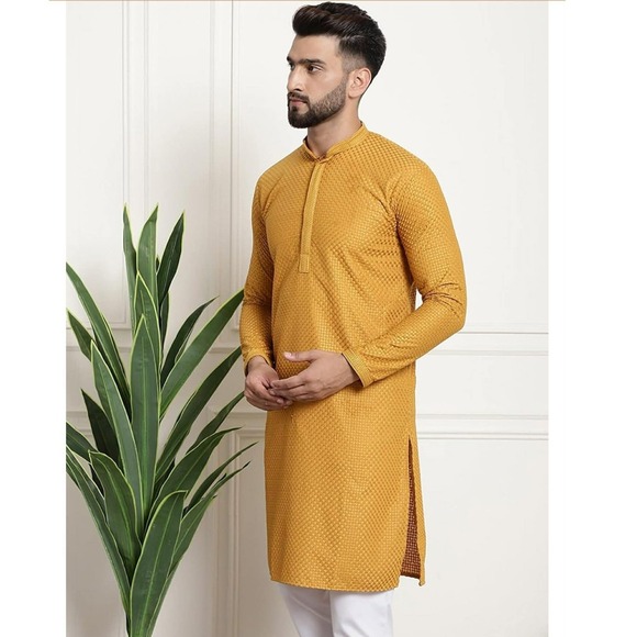 Sojanya Since 1958 Men's Pure Cotton Checked Embroidered Only Long Kurta XXL 44 - Picture 2 of 16